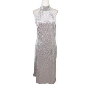 Vintage 90s Matches silver grey velvet sequin halter midi party dress L